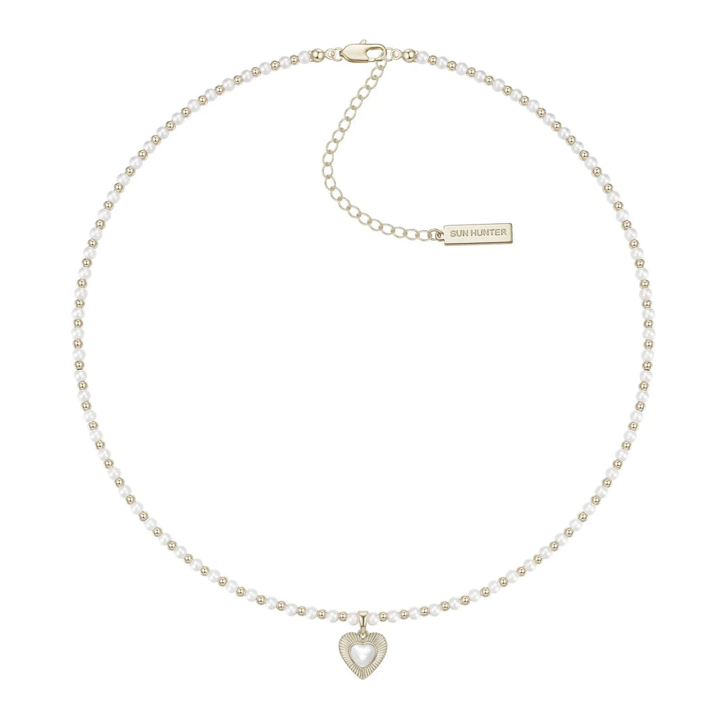 Pearl Bead Necklace with Petite Ridged Heart — alternate isolated full necklace view
