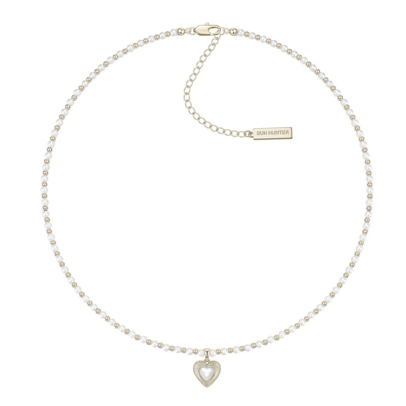 Pearl Bead Necklace with Petite Ridged Heart — alternate isolated full necklace view