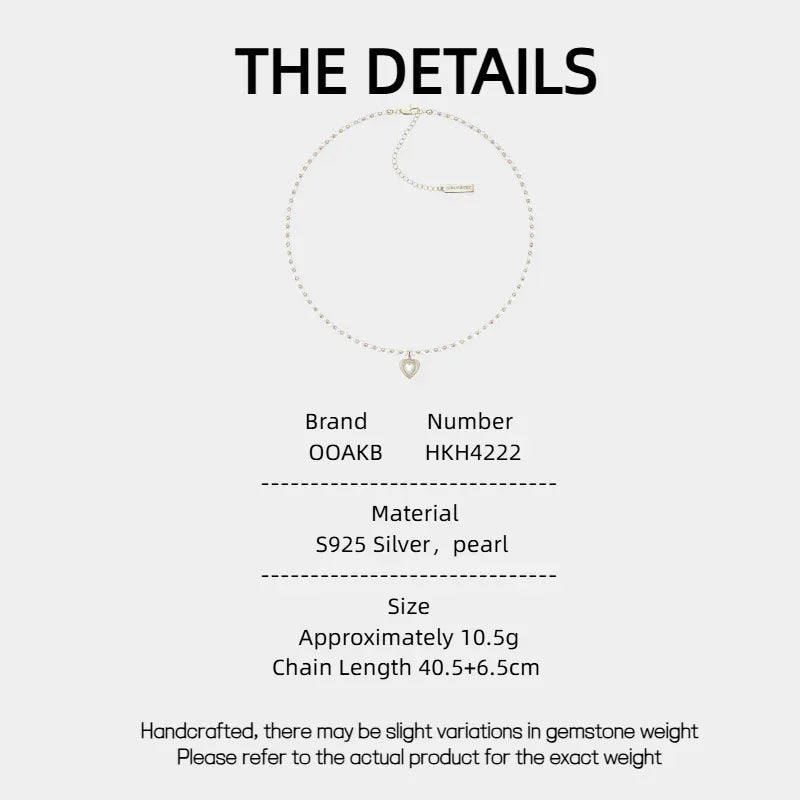 Pearl Bead Necklace with Petite Ridged Heart — specification card with material and size details