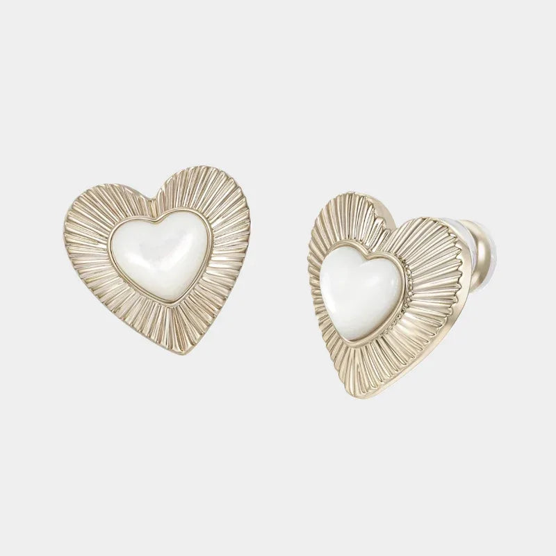 Petite Ridged Pearl Heart Stud Earrings — front and side pair of small ridged heart studs with pearl centers