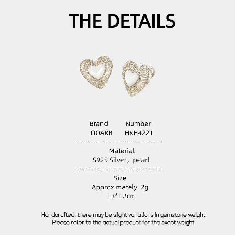 Petite Ridged Pearl Heart Stud Earrings — specification card with material and size details