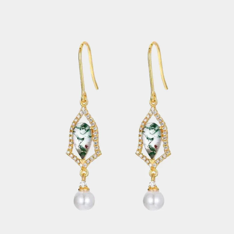 Teardrop Moss Agate Earrings with White Bead Drops — front pair of gold-tone hook earrings with geometric teardrop moss agate