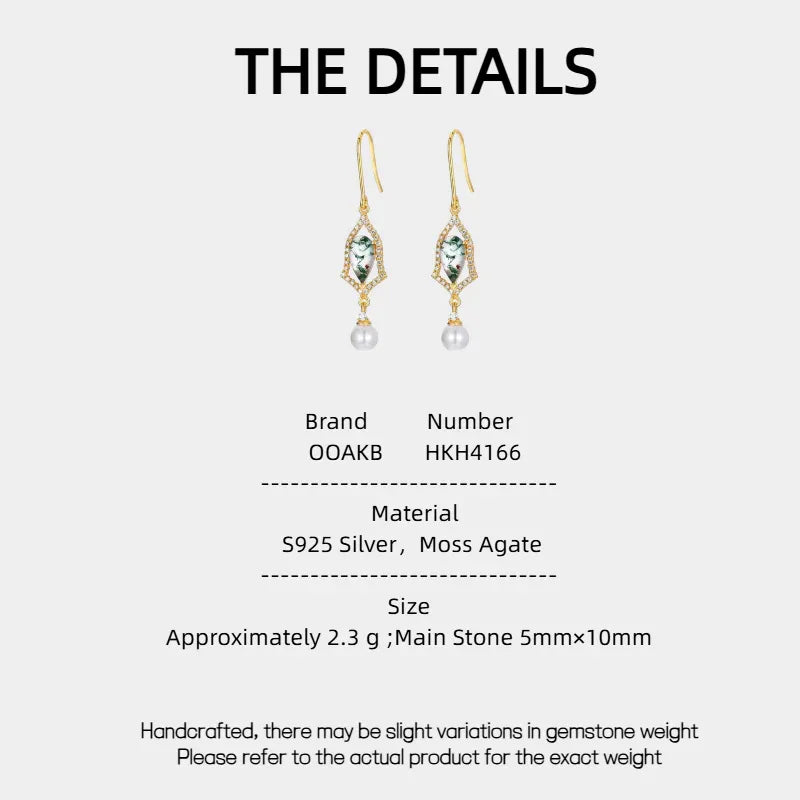 Teardrop Moss Agate Earrings with White Bead Drops — specification card with material and size details