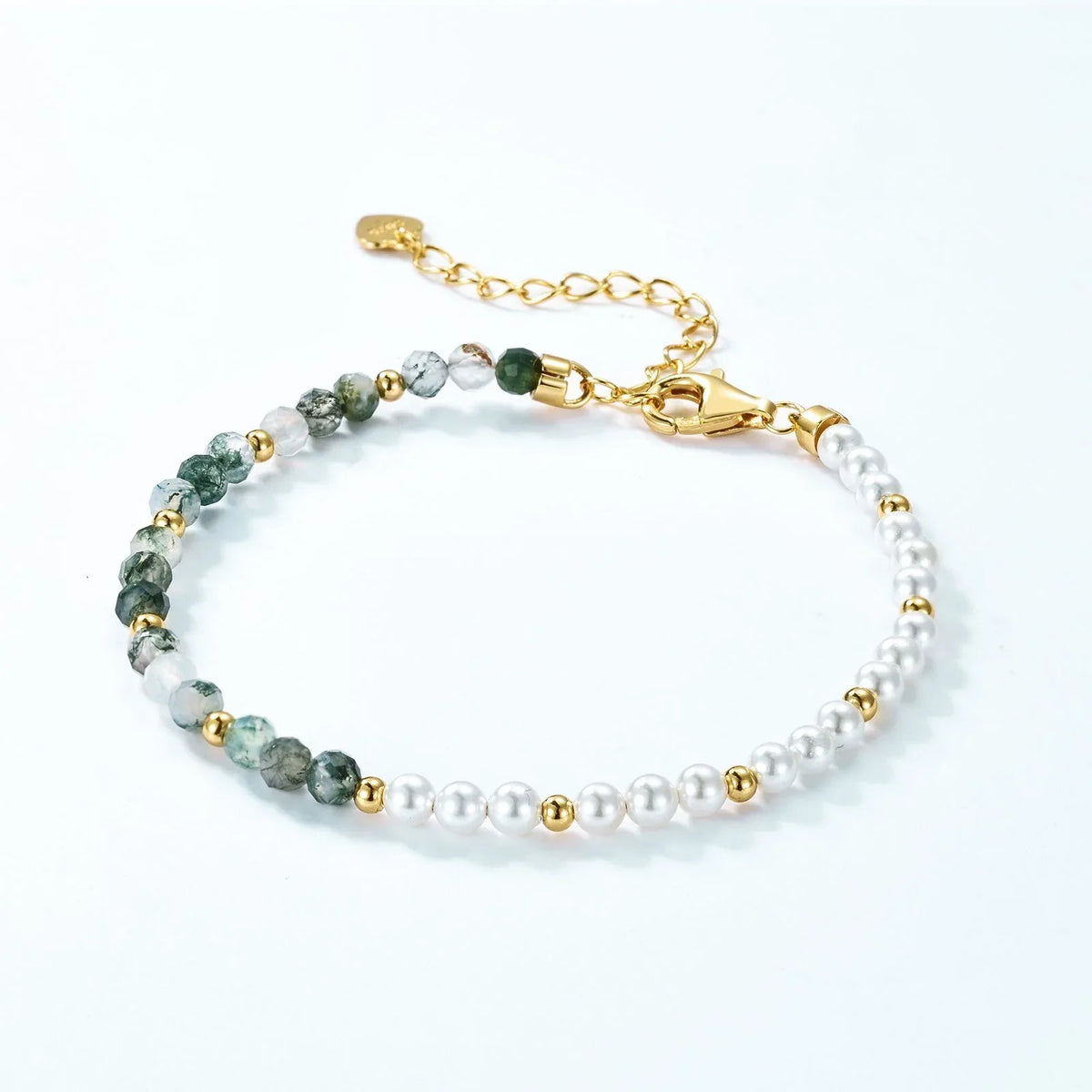 Moss Agate and White Bead Bracelet — alternate isolated full bracelet view