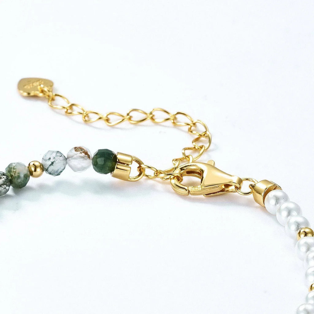 Moss Agate and White Bead Bracelet — clasp and extension-chain close-up