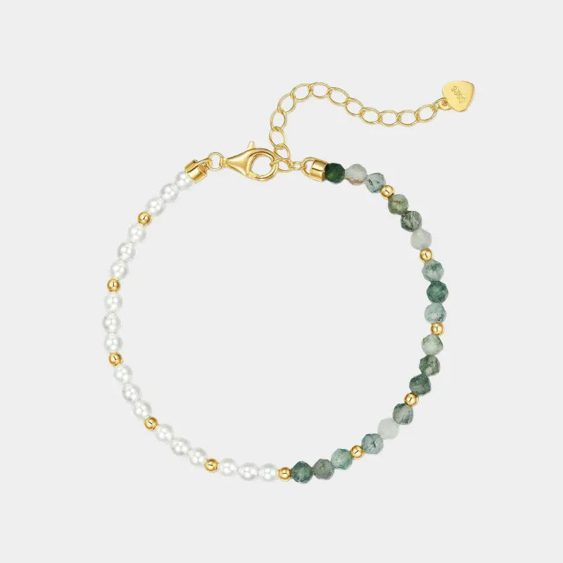 Moss Agate and White Bead Bracelet — front view of green-and-white bead bracelet with gold-tone clasp