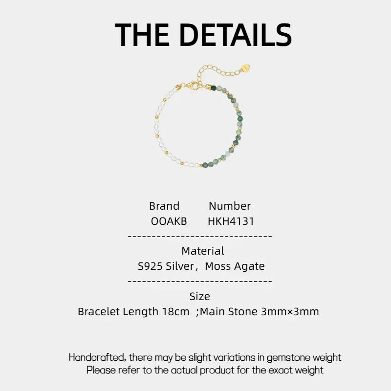 Moss Agate and White Bead Bracelet — specification card with material and size details