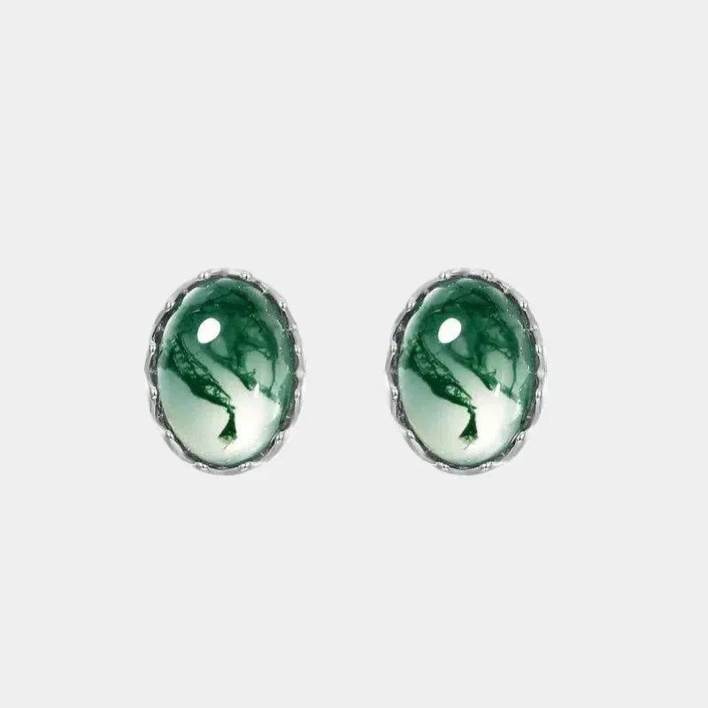 Moss Agate Cabochon Earrings Unisex — front product view on a light background