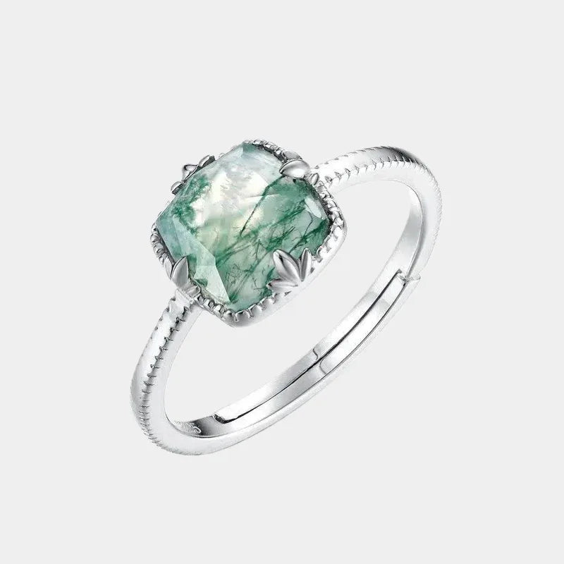 Moss Agate Cushion-Cut Open Ring — front product view on a light background