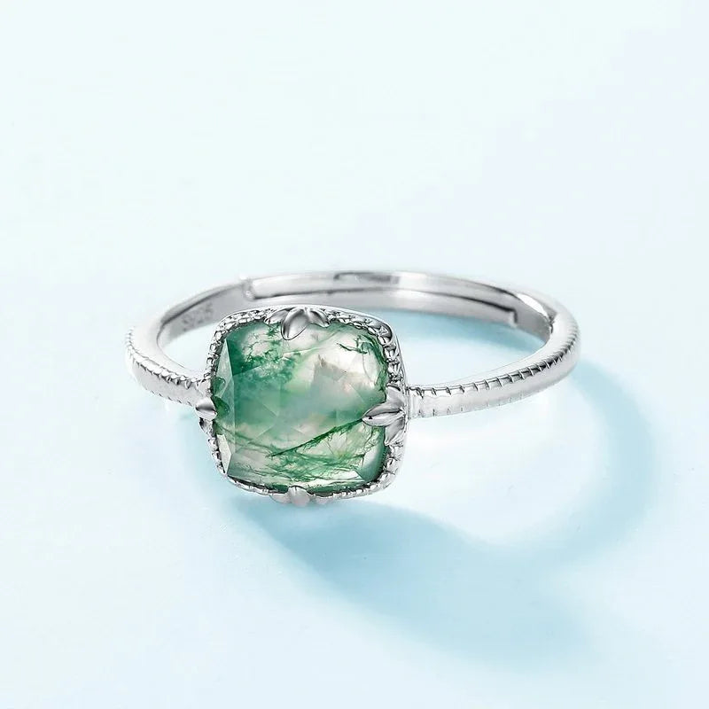 Moss Agate Cushion-Cut Open Ring — front setting detail 3