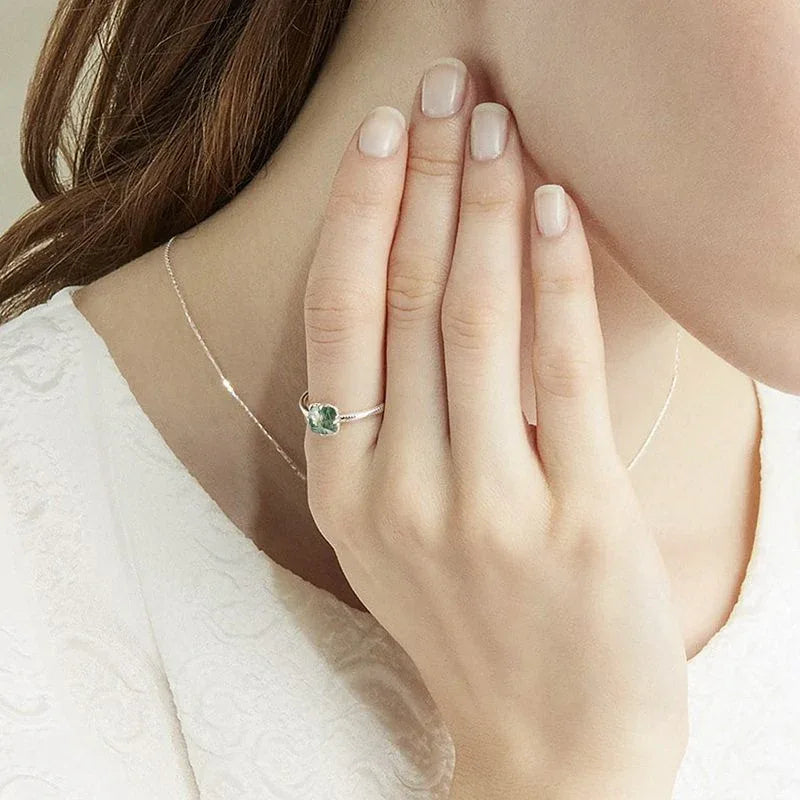 Moss Agate Cushion-Cut Open Ring — hand-worn scale view 2