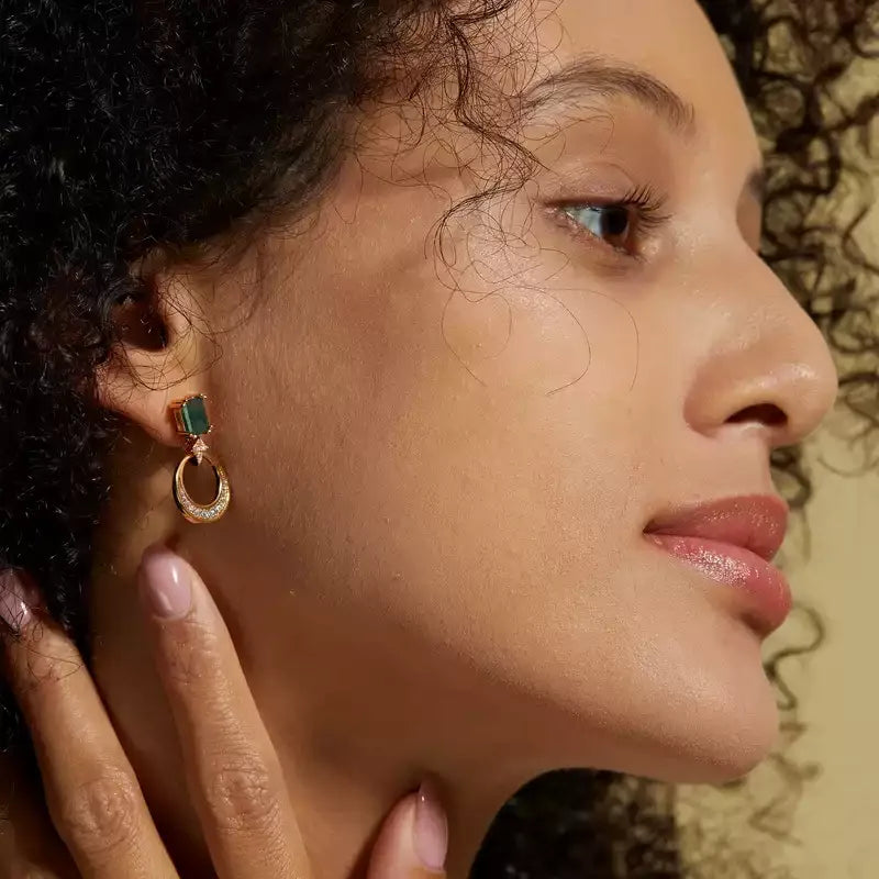 Moss Agate Earrings — hand-worn scale view 2