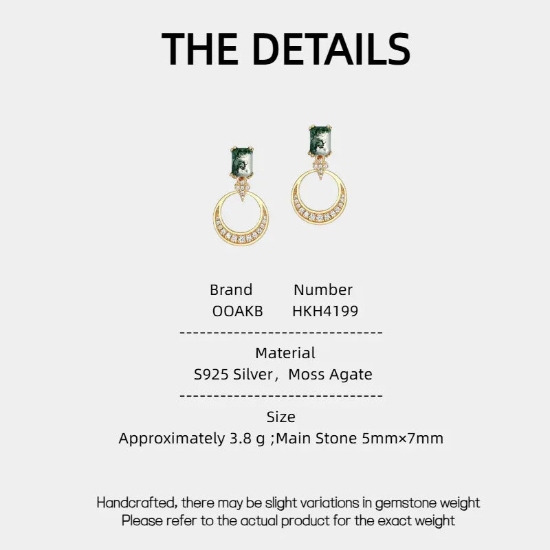 Moss Agate Earrings — Moss Agate specification card with material and measurements