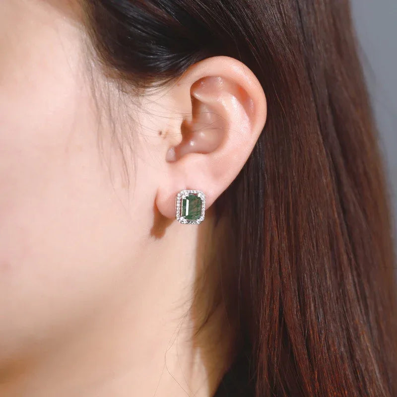Moss Agate Earrings Unisex — hand-worn scale view 2