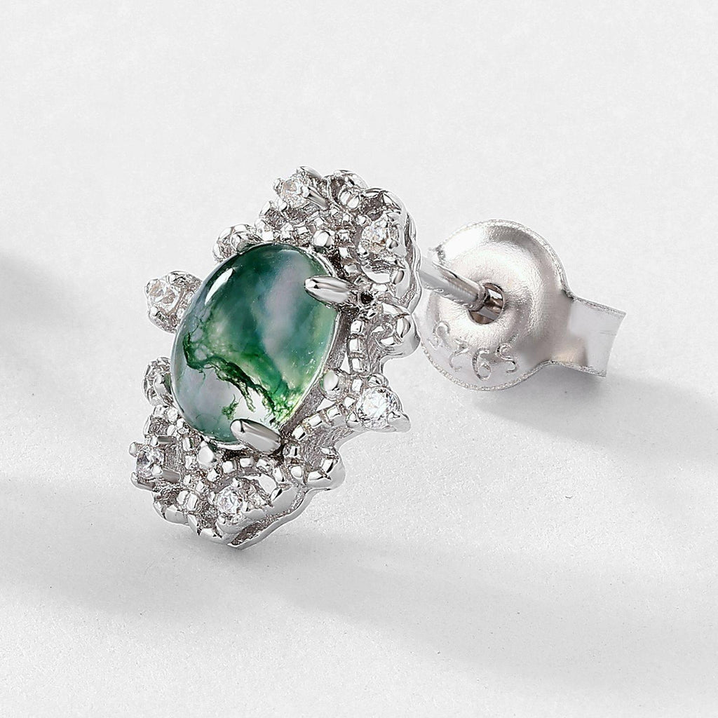 Moss Agate Elegant Exquisite Earrings Unisex — front setting detail 3