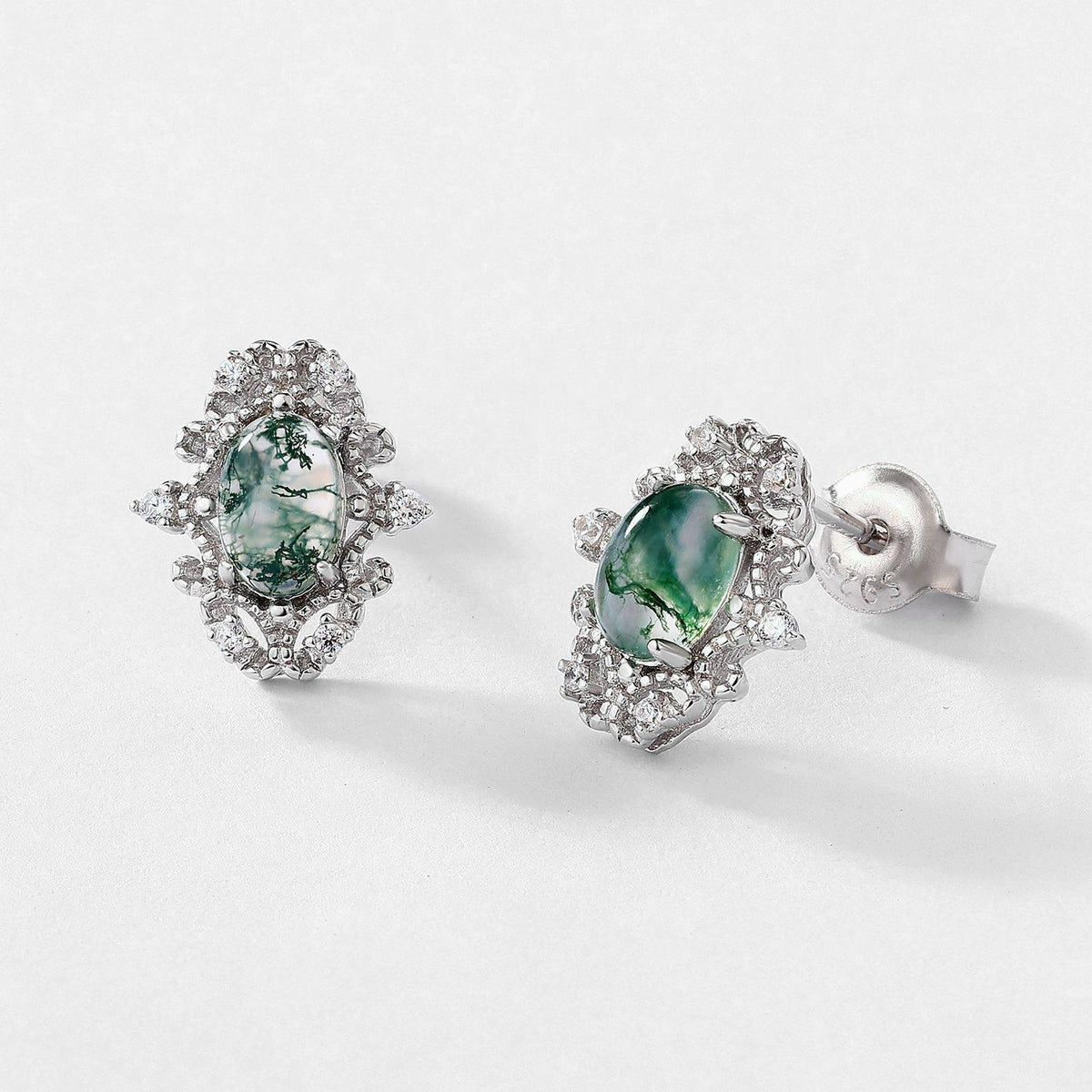 Moss Agate Elegant Exquisite Earrings Unisex — hand-worn scale view 2