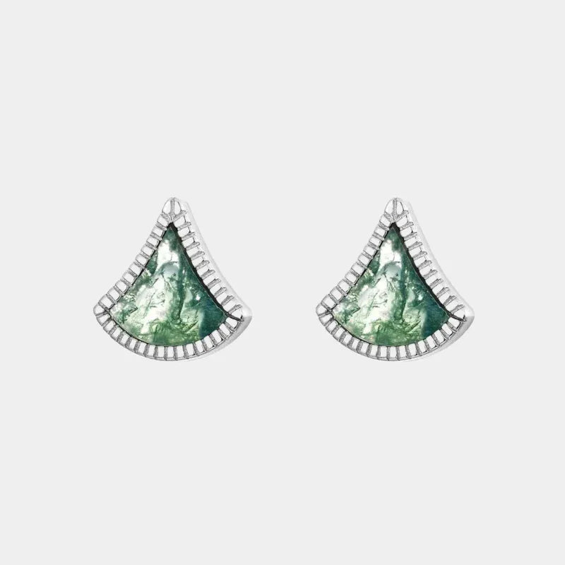 Moss Agate European Fan-Shaped Unisex Earrings — front product view on a light background