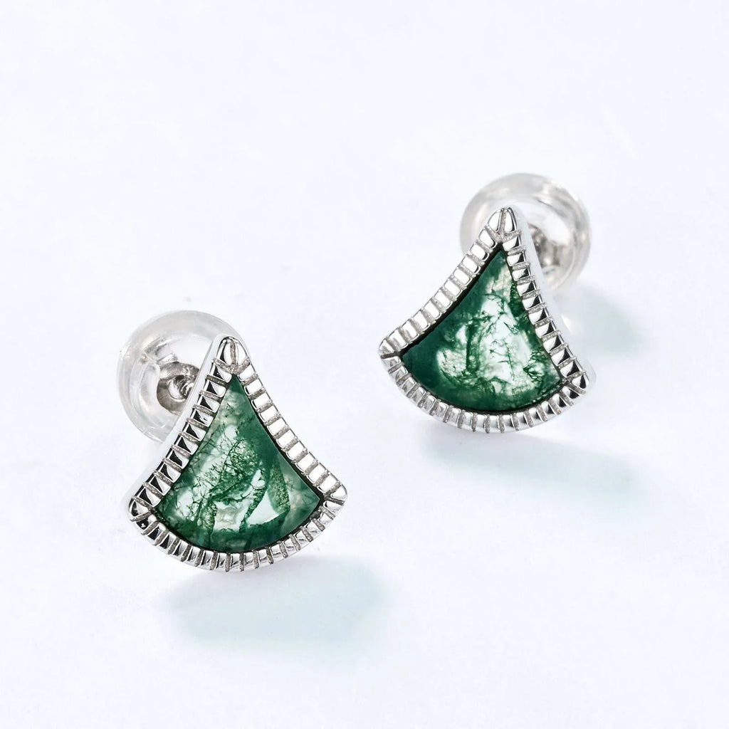 Moss Agate European Fan-Shaped Unisex Earrings — front setting detail 3