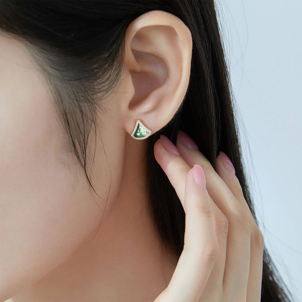 Moss Agate European Fan-Shaped Unisex Earrings — hand-worn scale view 2