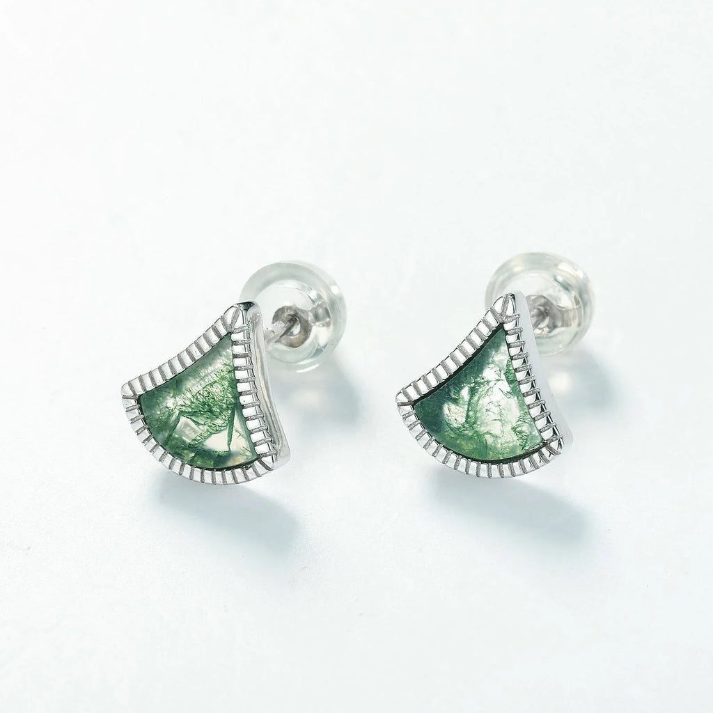 Moss Agate European Fan-Shaped Unisex Earrings — side profile and band detail 4