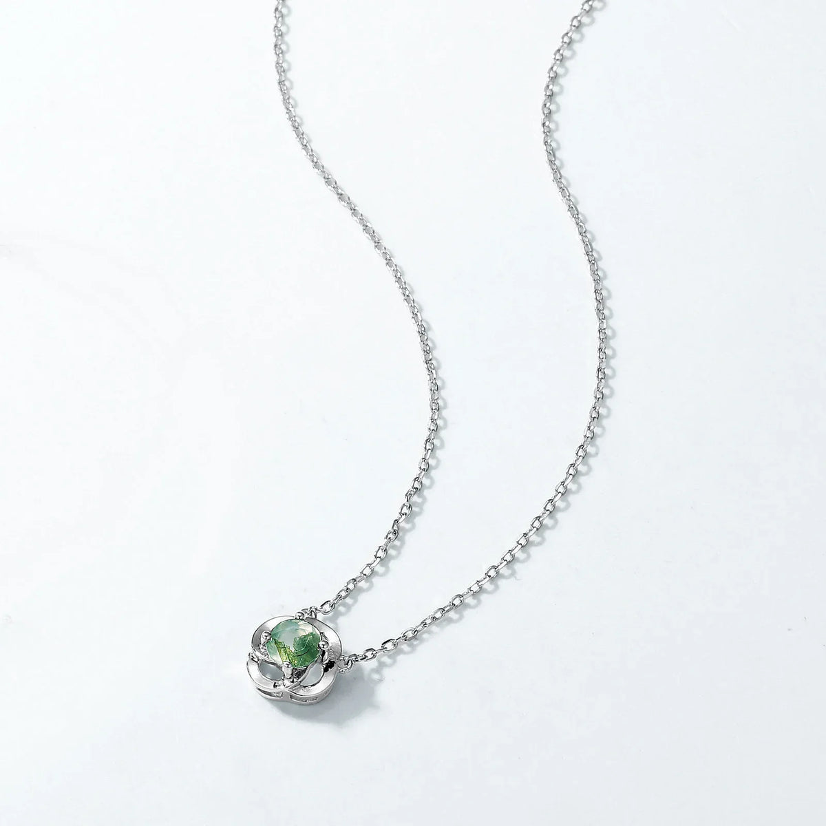 Moss Agate Flower Pendant Necklace — angled pendant and chain detail 4