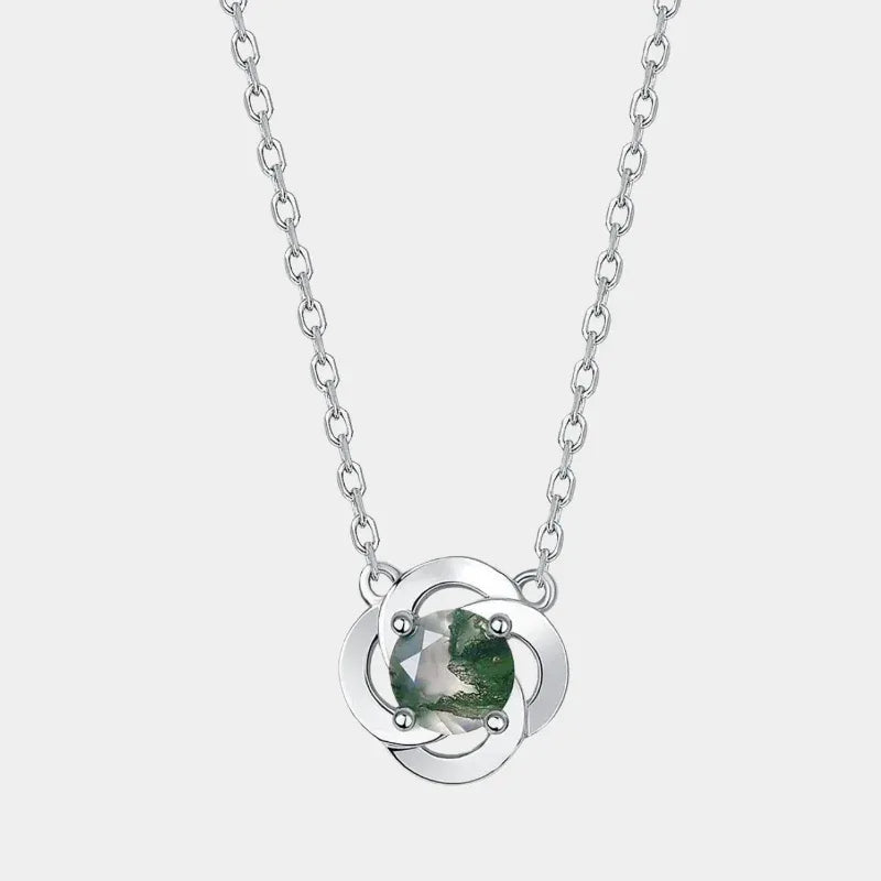 Moss Agate Flower Pendant Necklace — full necklace view on a light background