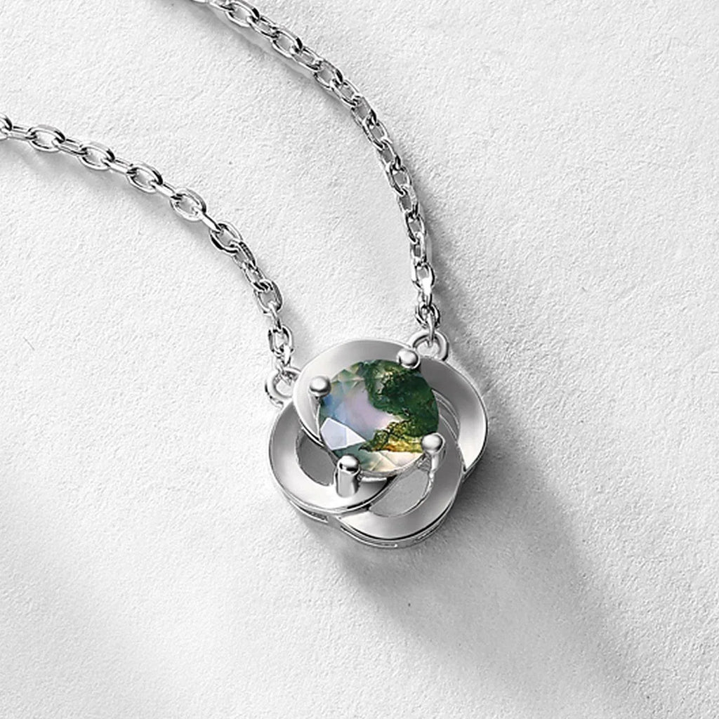 Moss Agate Flower Pendant Necklace — neckline scale view 2