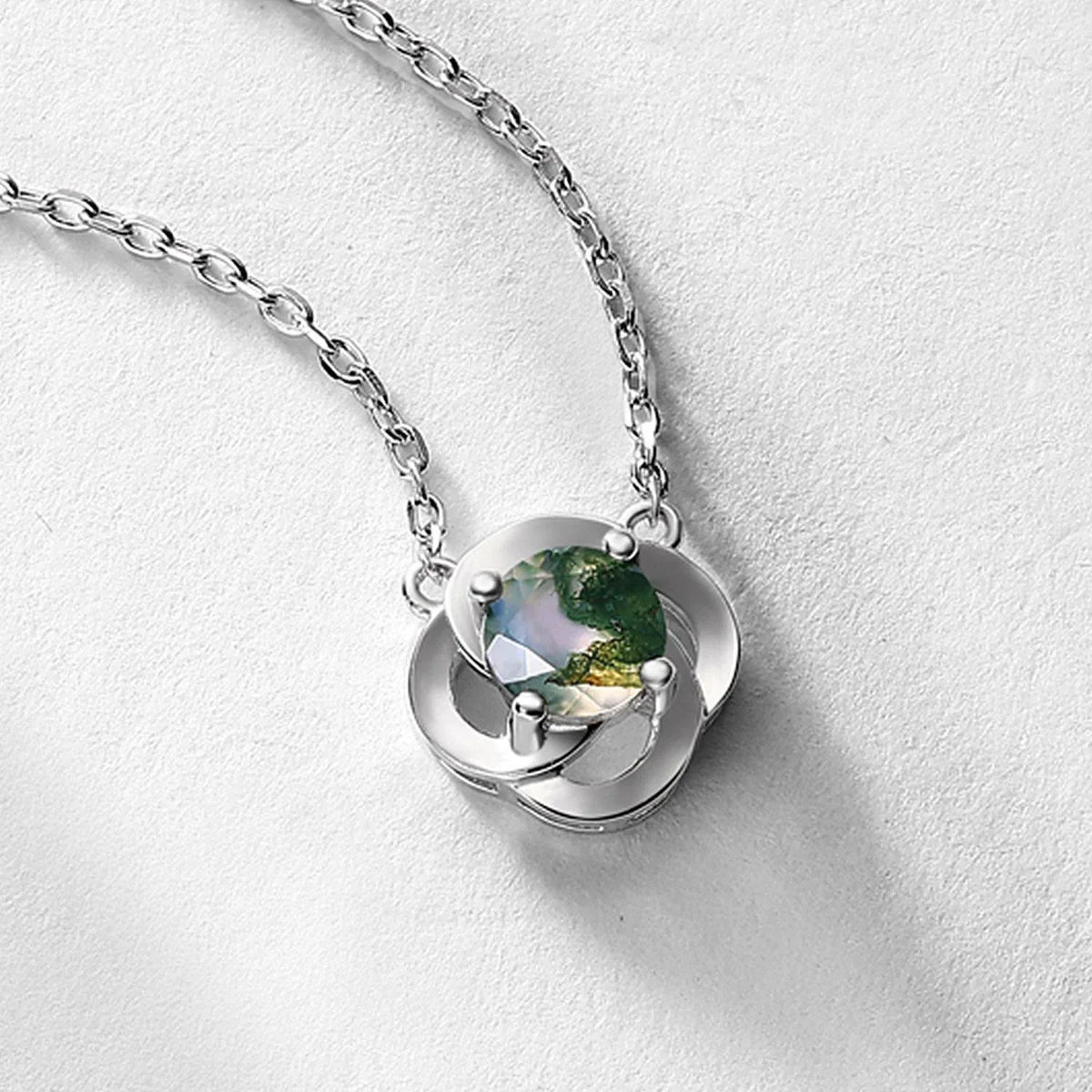 Moss Agate Flower Pendant Necklace — neckline scale view 2