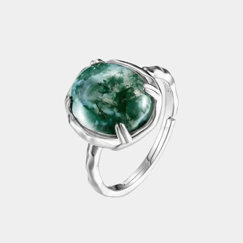 Moss Agate Four-Claw Setting Open Ring Unisex — front product view on a light background
