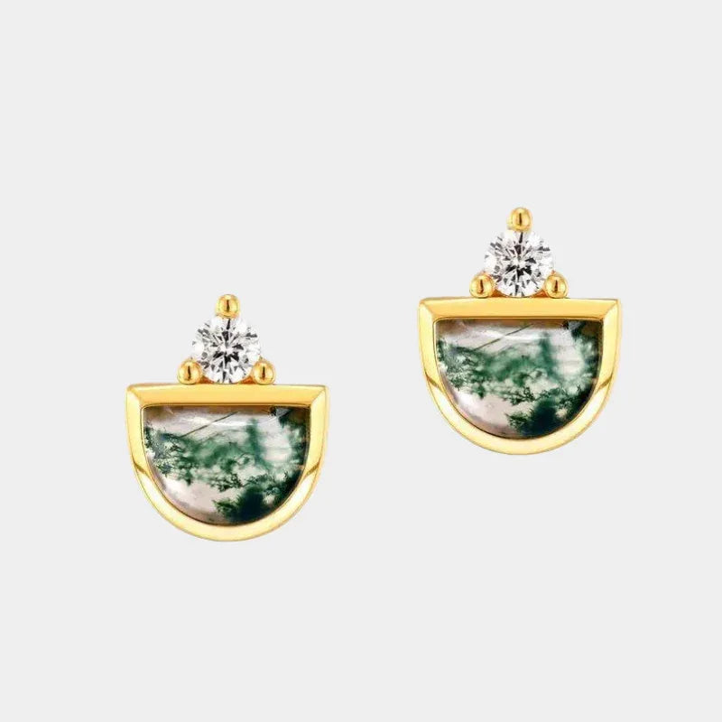 Moss Agate Geometric Earrings Unisex — front product view on a light background