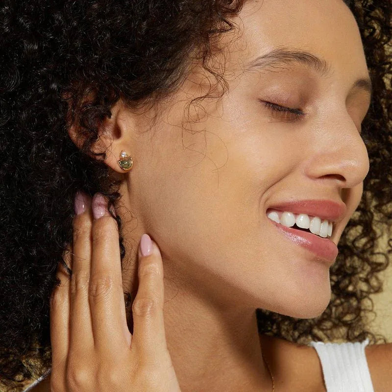 Moss Agate Geometric Earrings Unisex — front setting detail 3
