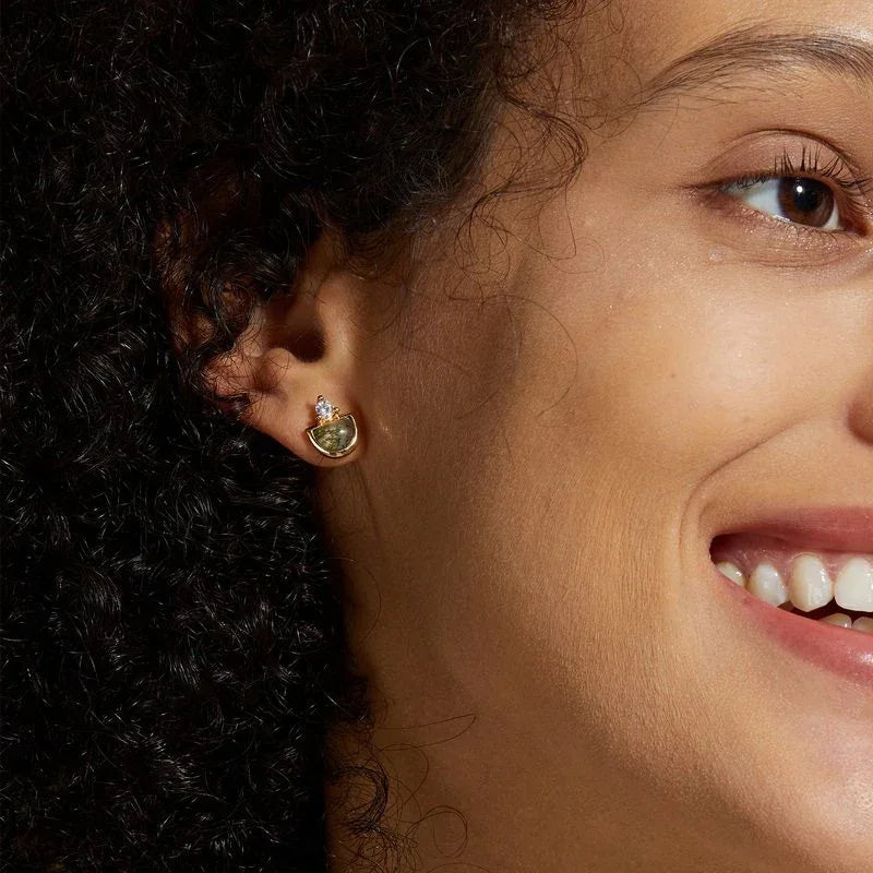 Moss Agate Geometric Earrings Unisex — hand-worn scale view 2