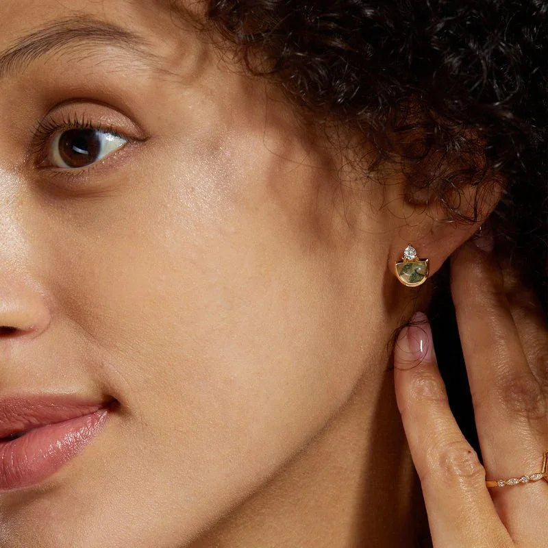 Moss Agate Geometric Earrings Unisex — side profile and band detail 4