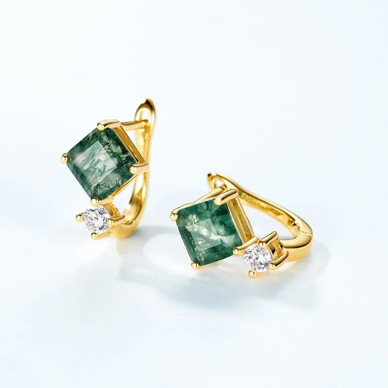 Moss Agate Geometric Fashion Earrings Unisex — side profile and band detail 4