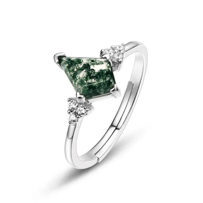 Moss Agate Geometric Fashion Ring Unisex — angled product view 5