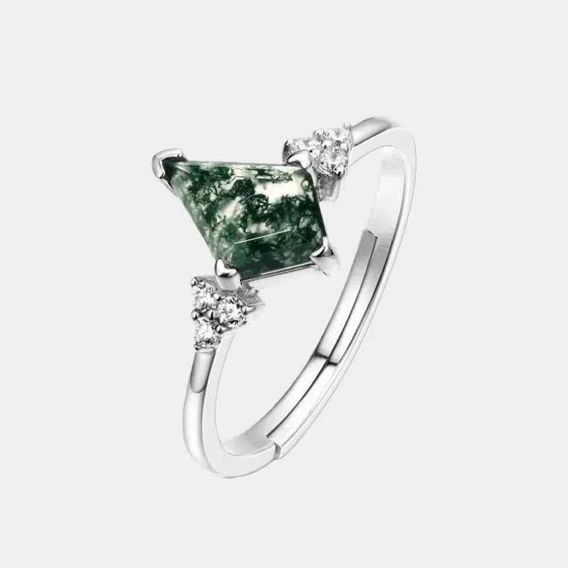 Moss Agate Geometric Fashion Ring Unisex — front product view on a light background