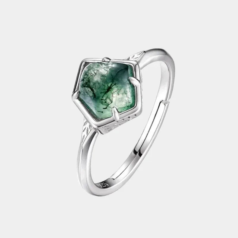 Moss Agate Geometric Original Design Open Ring — front product view on a light background