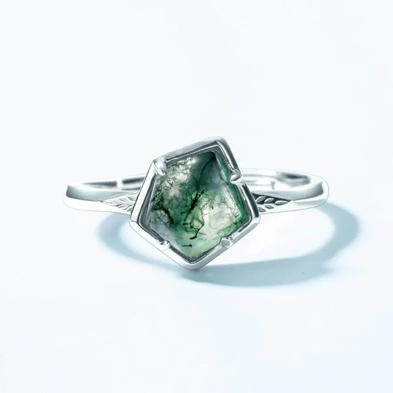 Moss Agate Geometric Original Design Open Ring — front setting detail 3
