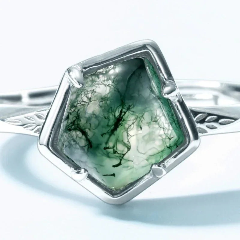 Moss Agate Geometric Original Design Open Ring — hand-worn scale view 2