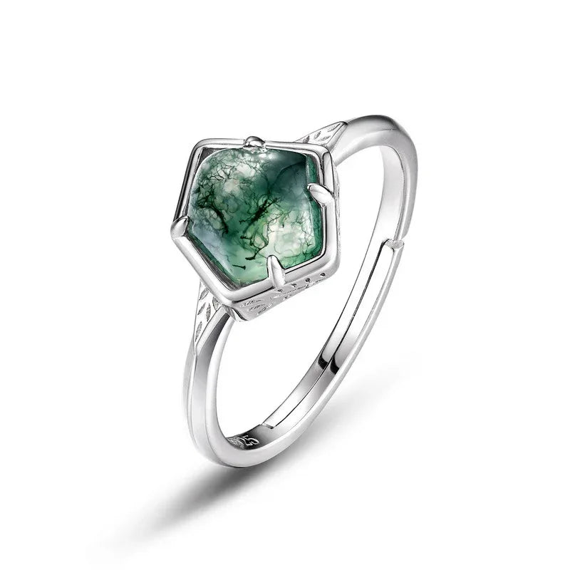 Moss Agate Geometric Original Design Open Ring — side profile and band detail 4