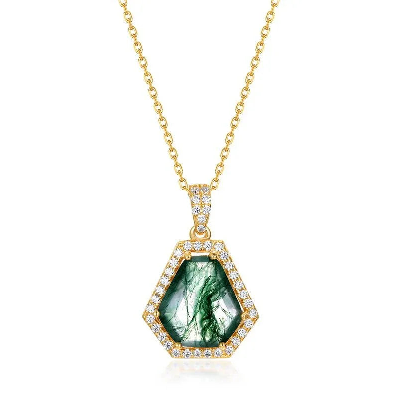 Moss Agate Geometric Pendant — angled pendant and chain detail 4