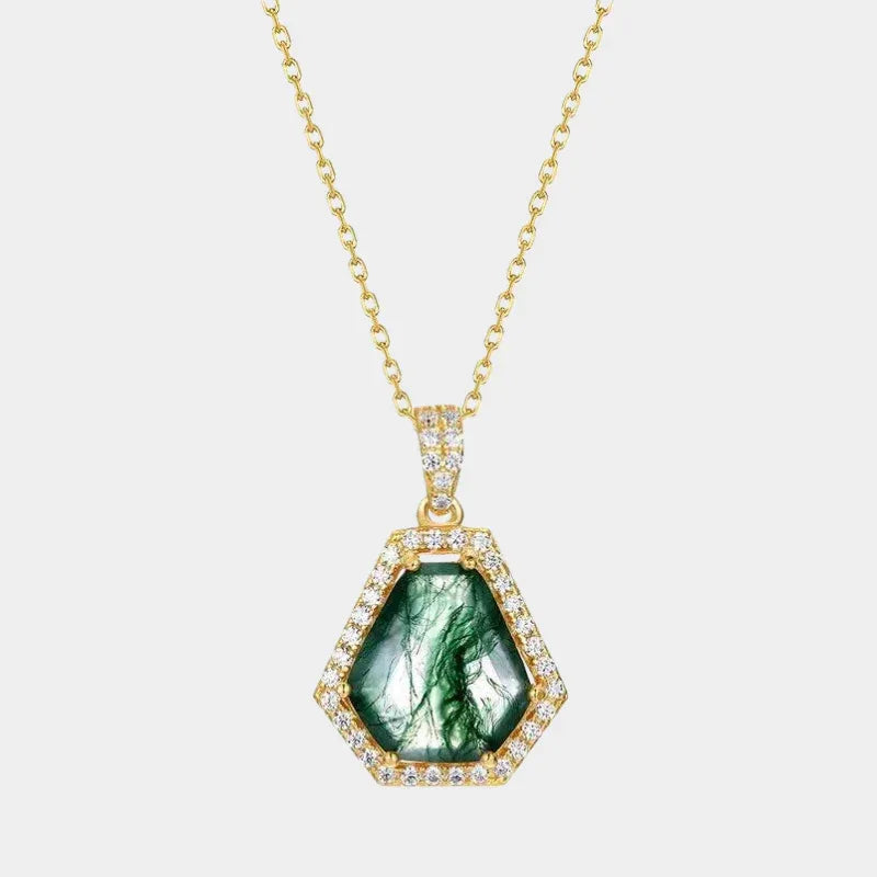 Moss Agate Geometric Pendant — full necklace view on a light background