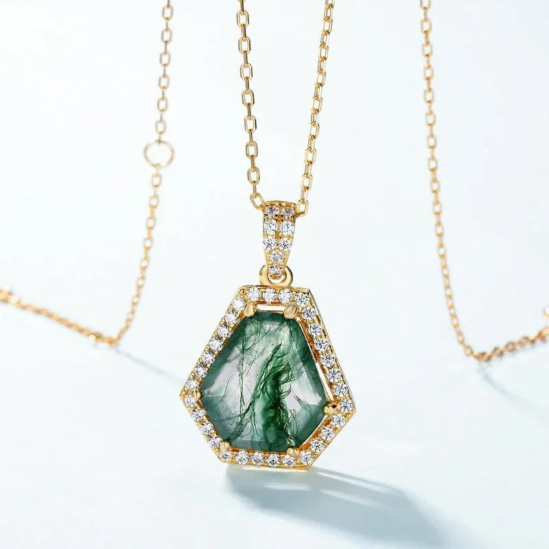 Moss Agate Geometric Pendant — neckline scale view 2