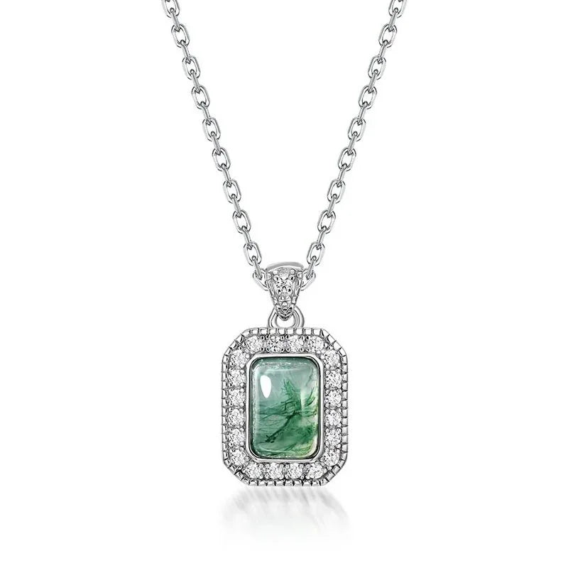 Moss Agate Halo Pendant — angled pendant and chain detail 4