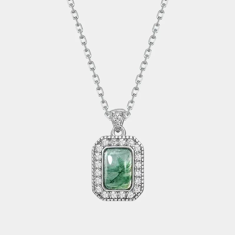 Moss Agate Halo Pendant — full necklace view on a light background