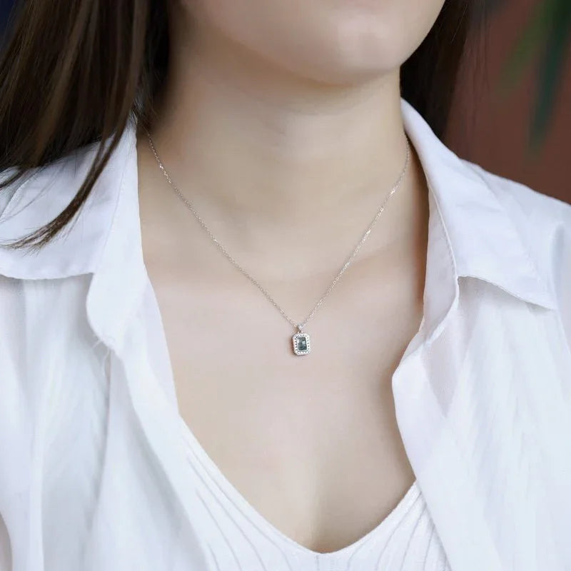 Moss Agate Halo Pendant — neckline scale view 2