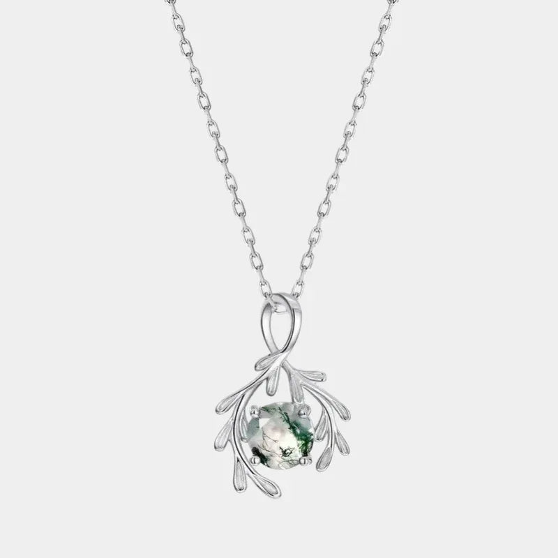 Moss Agate Leaf Drop Pendant Unisex — full necklace view on a light background