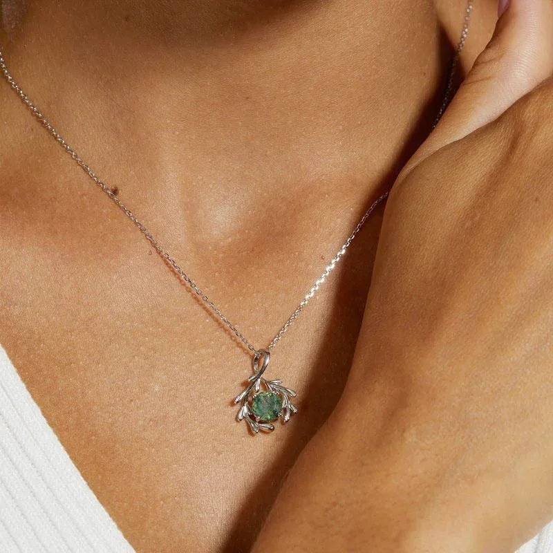 Moss Agate Leaf Drop Pendant Unisex — neckline scale view 2