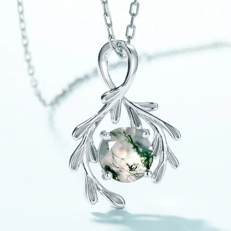Moss Agate Leaf Drop Pendant Unisex — setting detail 6