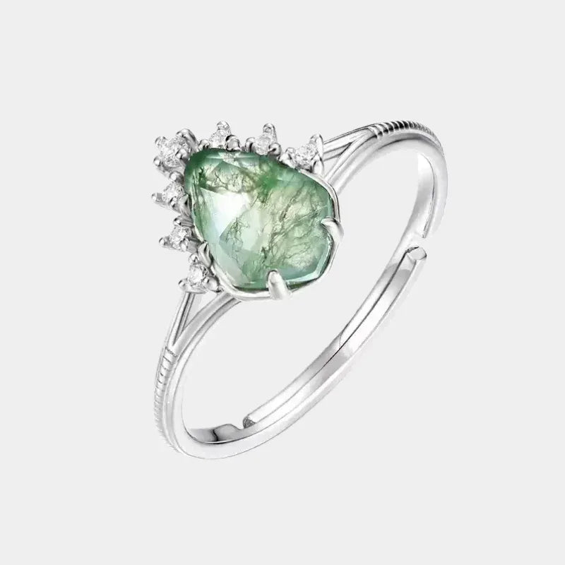 Moss Agate Long Shape Open Ring — front product view on a light background